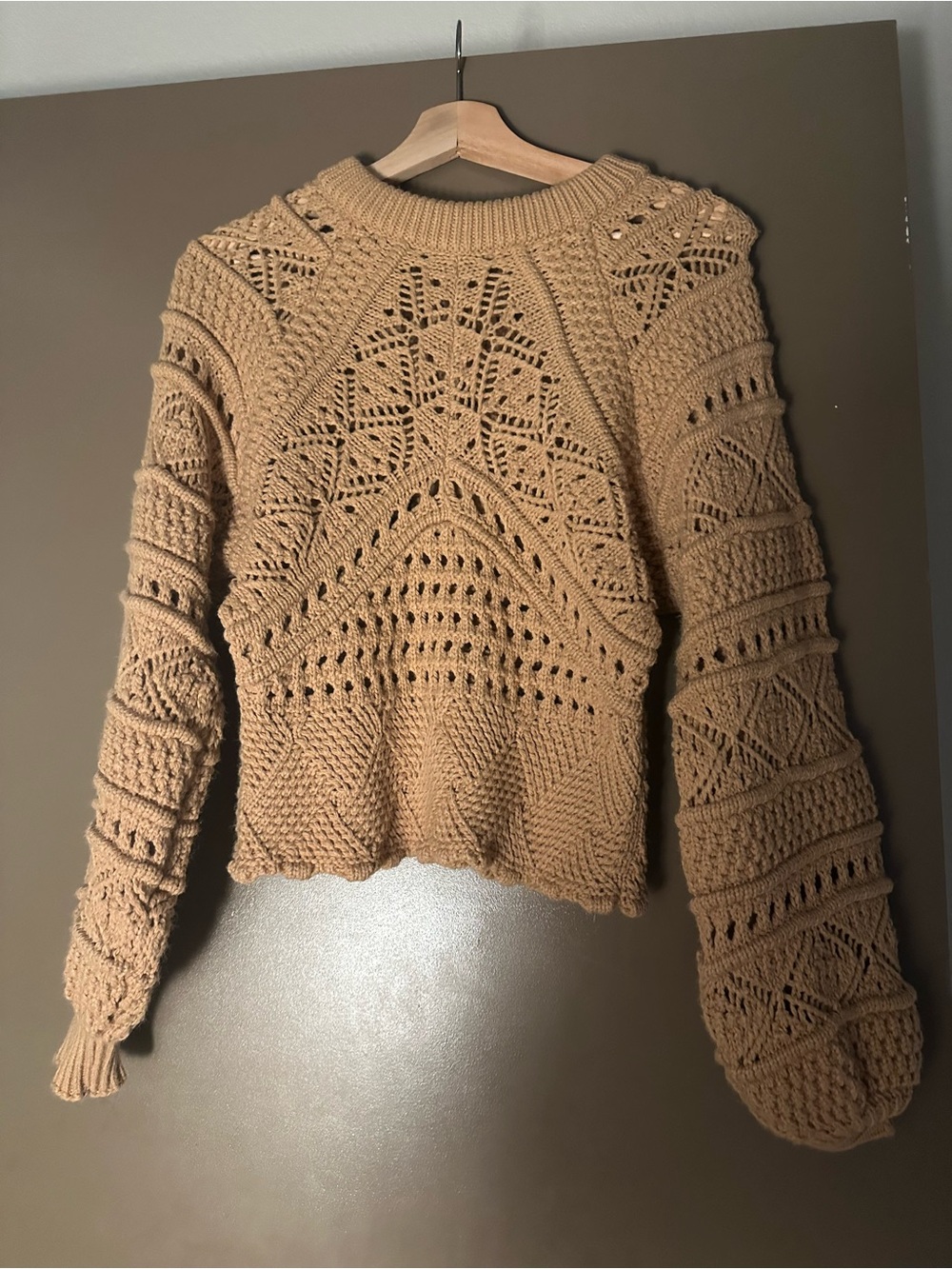 Zara Camel Crochet Openwork Crewneck Sweater